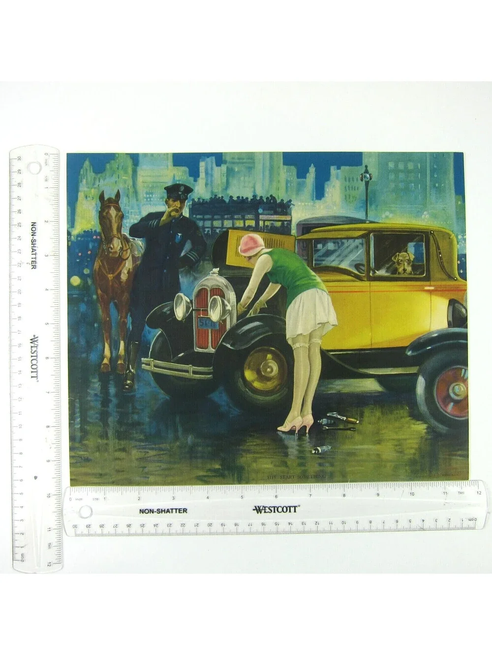 1920s Art Print Flapper Girl Fixes Antique Yellow Car Dog Police Man Horse City